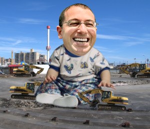 Joey Sitt Plays with Bulldozers in His Coney Island Sandbox. Art by Tiny Tim