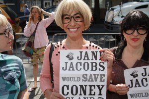 Helen Pontani, Angie Pontani and Jo Weldon "Save Coney" on Jane Jacobs Way. Photo © Kevin Downs