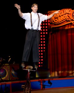Justin Case riding handlebars. Photo courtesy of Ringling Bros.