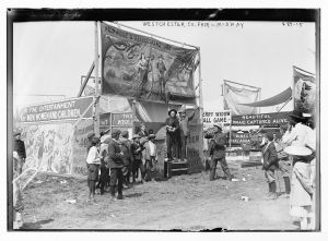 Westchester County Fair, Wild Rose and Rattlesnake Joe sideshow. George Grantham Bain Collection (Library of Congress) Westchester County Fair, Wild Rose and Rattlesnake Joe sideshow. George Grantham Bain Collection (Library of Congress)