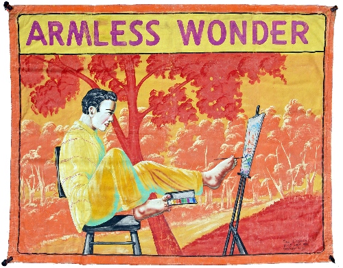 Vintage Sideshow Art: Armless Wonder by Dan Casola of 2525 Surf Ave, Brooklyn, NY Vintage Sideshow Art: Armless Wonder by Dan Casola of 2525 Surf Ave, Brooklyn, NY