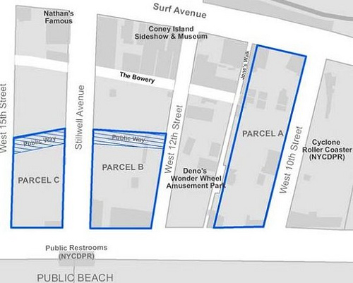 Parcels A, B & C Are Up for Bid. Detail of the CIDC’s Map of the Coney Island Amusement Operator RFP Sites.  Credit: Coney Island Development Corporation