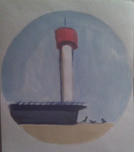 Astro Tower from Studio Window by Marie Roberts. Watercolor/gouache, 8 x 8" 2009