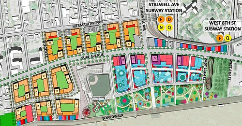 CIDC housing map medium Detail of CIDC Map of of Coney Island Redevelopment Plan. Salmon and cream color denote residential and residential towers.
