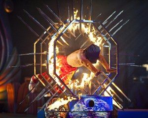 Kung Fu King, Sun Junjie diving through hoops of razor-sharp sabers -- blindfolded! Photo courtesy of Ringling Coney Island
