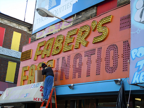 Coney Island signage: Faber's Fascination signage coming down! Photo © missapril1956 via flickr Coney Island signage: Faber's Fascination signage coming down! Photo © missapril1956 via flickr
