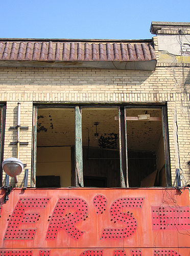 Thor's demolition of historic Coney Island in progress! Windows were ripped out of Henderson Building today. Photo by Anonymouse via Amusing the Zillion