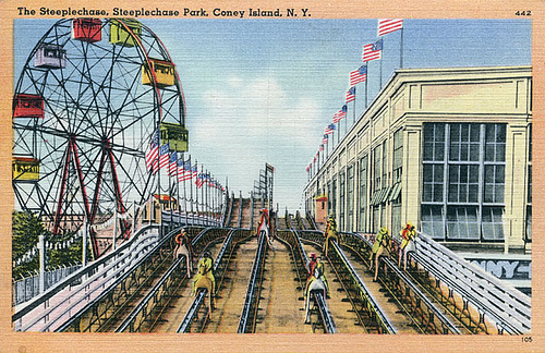 Vintage postcard of George C Tilyou's Steeplechase Ride,which closed in 1964