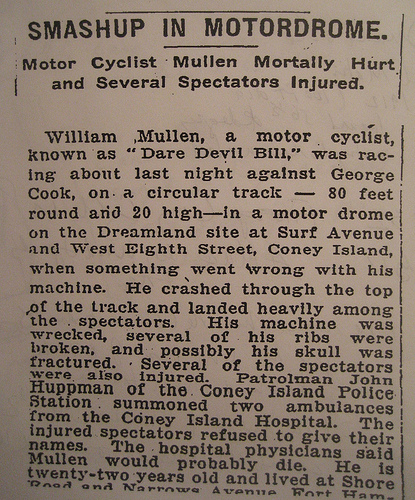 Smashup in Coney Island Motordrome. New York Times, May 19, 1912
