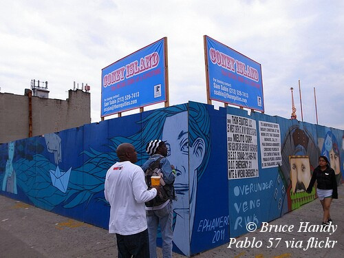 Thor Equities New Signs Atop Street Artists Mural at Corner of Surf and Stillwell in Coney Island. April 30, 2011. Photo © Bruce Handy/Pablo 57 via Amusing the Zillion