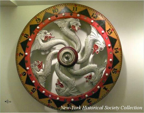 This gambling wheel was used at Coney Island in the early 20th century. Wood, glass, metal. New-York Historical Society Collection New-York Historical Society Collection