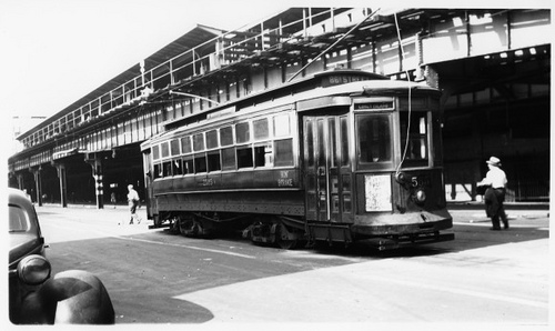 Brooklyn & Queens Transit trolley 2585 on 86th Street line in front of Stillwell Avenue terminal, between Mermaid & Surf Avenues. August 11 1944. North Jersey NHRS Collection