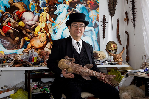 Takeshi Yamada with Baby Mermaid in his Coney Island Studio. Photo via AMC Immortalized